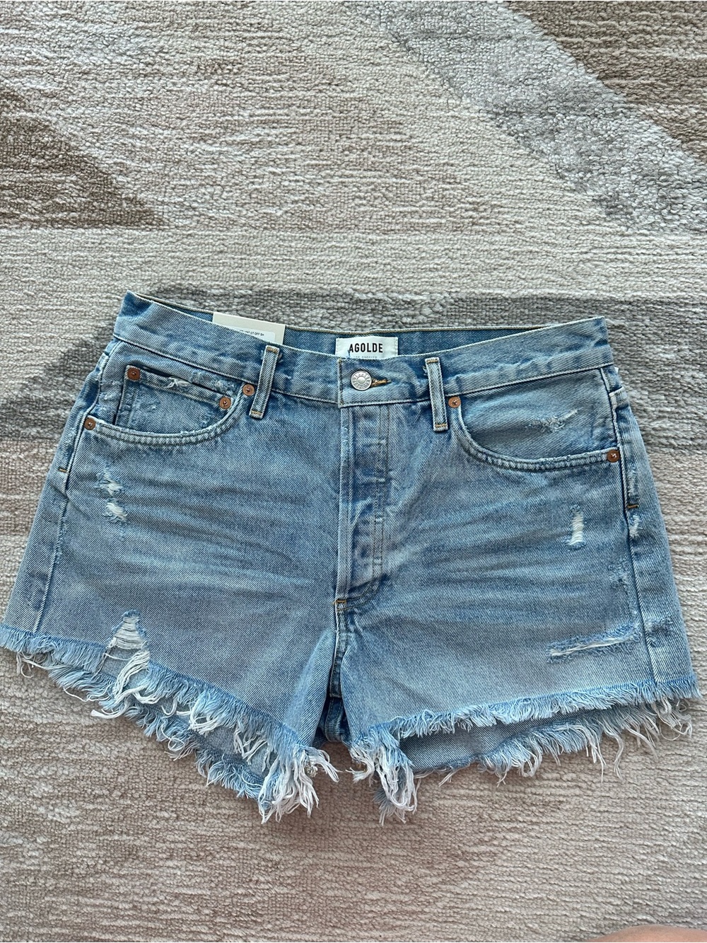 Agolde Light Blue Distressed High-Rise Parker Denim Shorts Size 28 NWT